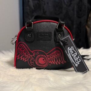 Von Dutch Black & Red Winged Eyeball Mini Crossbody Bowler Bag